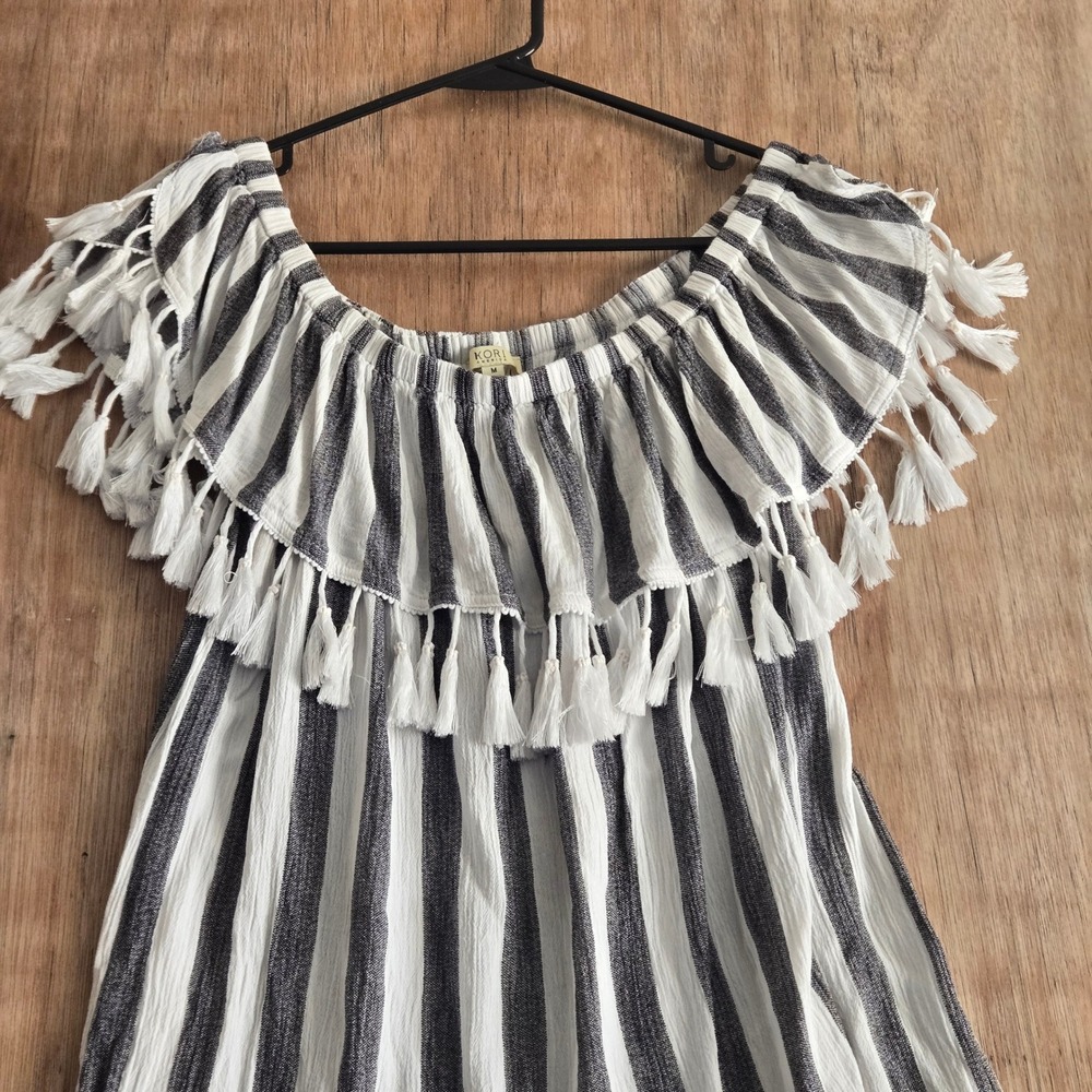 Boho Stripe Off The Shoulder Tassel Top Womens M Ruffle Fringe Kori America